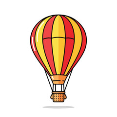 Obraz premium A colorful hot air balloon with a red basket flies high in the sky, representing a fun travel adventure and freedom in this isolated vector illustration of air transportation