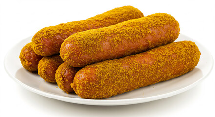 Appetitliche goldbraune W�rste reichlich mit gelbem Currypulver bestreut angerichtet auf einem weissen Teller im Studiolicht. AI Generated