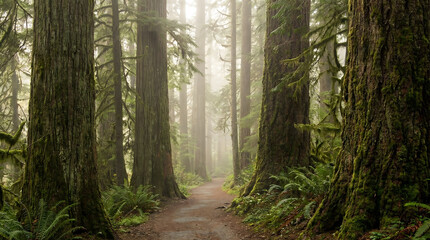 Peaceful forest pathway surrounded by tall trees with soft diffused light, representing nature, relaxation, and outdoor exploration.