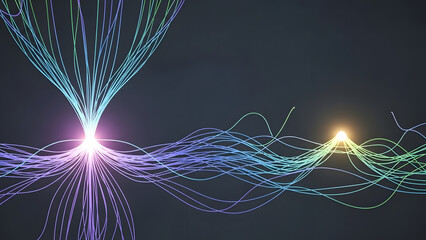 Abstract flowing energy lines connecting luminous points symbolizing data flow, communication, innovation, and dynamic technological interaction