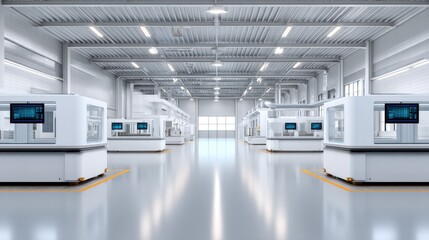 Modern manufacturing facility interior with advanced machinery and organized workstations for efficient production and technological innovation