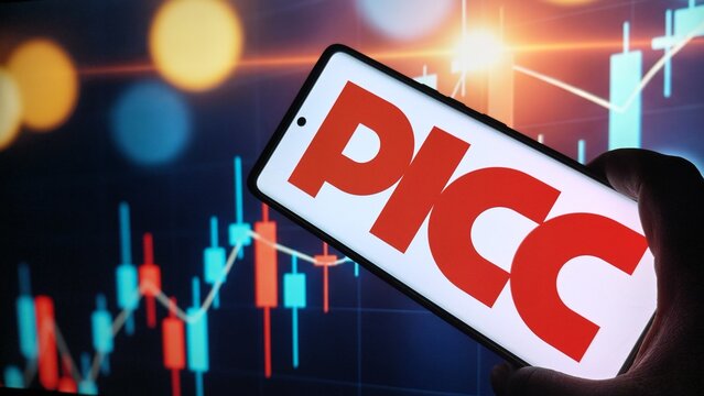 Hand holding smartphone with PICC logo on screen displaying stock market graph