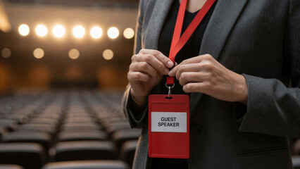 Guest speaker badge being adjusted before a conference event in a large auditorium