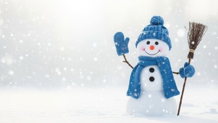 Fototapeta premium Snowman with broom and mittens isolated on white background