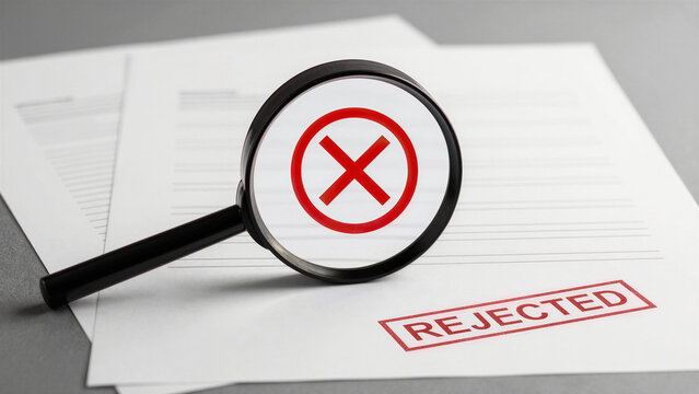 Magnifying glass over rejected documents with red cross symbol on a gray background