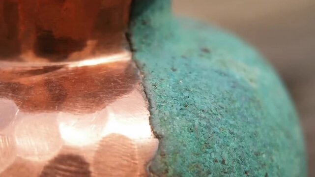 Macro shot of a copper vessel, with both polished and aged surfaces visible
