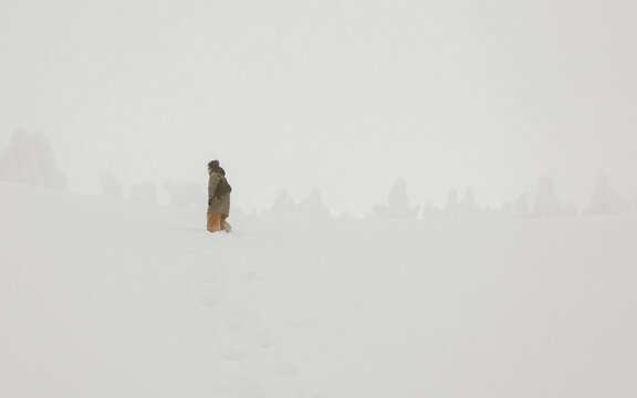 A Lone Figure in the Snowstorm.