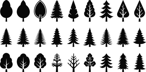Black tree silhouette collection, pine and fir forest icons, deciduous plants vector set, nature elements isolated on white background, coniferous woodland graphics bundle © MdAzizulHaque