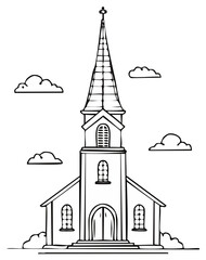 Obraz premium Church Outline Drawing of Traditional Place of Worship with Spire and Clouds