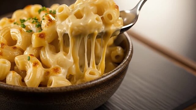 Macaroni and Cheese in Rustic Bowl on Dark Wood Surface Under Soft Lighting