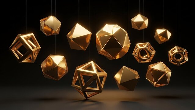 Golden Polyhedrons Hanging in Dark Space.