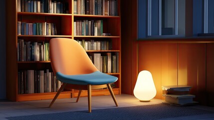 Cozy Reading Nook with Modern Chair and Soft Lighting in Contemporary Library Setting for Relaxation and Inspiration