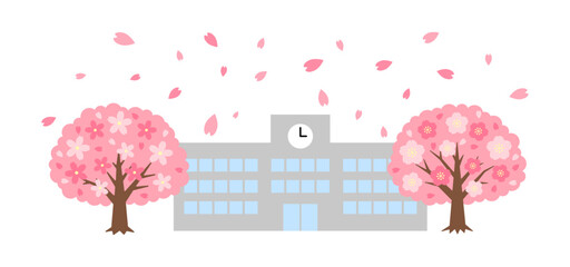 桜が舞う学校の校舎のイラスト（入学・卒業のイメージ）