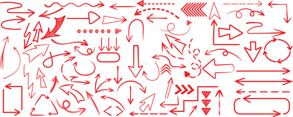 Collection of various hand drawn red arrow icons showing different directions movement and navigation elements.