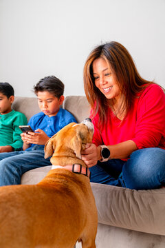 mom petting dog