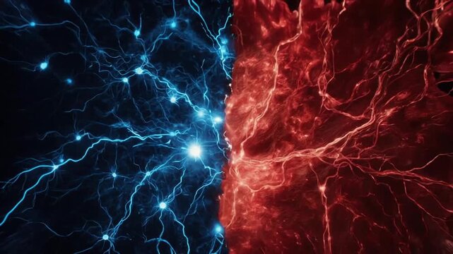A split image depicts neurons in blue against red energy, resembling a brain?s contrasting concepts