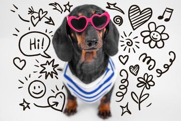 A dachshund wears pink heart-shaped sunglasses and a striped shirt, sitting against a white background with cheerful floral and heart-themed hand-drawn doodles