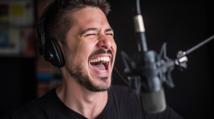 Radio host laughing during live show with expressive face and microphone. Entertainment, broadcasting, humor, communication, media personality, joyful moment, audio production.