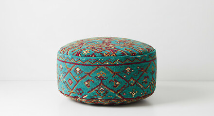 Bestickte runde Kappe mit traditionellen farbenfrohen Mustern auf minimalistischem wei�en Studiohintergrund. AI Generated