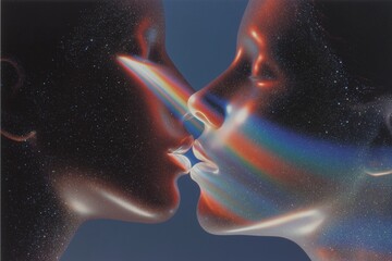 Glowing faces in intimate closeness against a cosmic nebula backdrop. Connection, love, kiss, relationship, partnership, psychology concept, artificial intelligence, emotional bonds concept