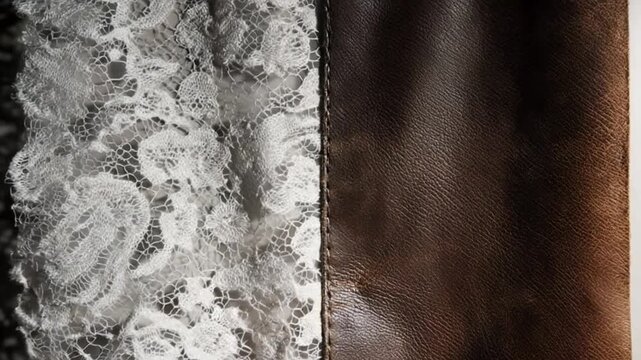 A close up shows delicate white lace next to dark brown leather, with a contrasting texture
