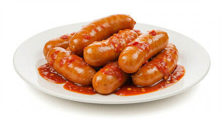 Perfekt beleuchtete saftige Br�hw�rstchen mit pikanter Chilisauce appetitlich angerichtet auf strahlend wei�em Teller. AI Generated