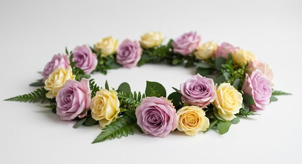 Ein zarter Blumenkranz aus pastellfarbenen Rosen und frischem Gr�n erstrahlt in weichem hellem Studiolicht.. AI Generated