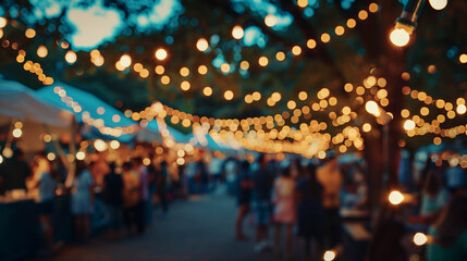 Outdoor evening festival with string lights