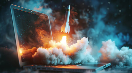 Rocket launching from laptop (technology concept)