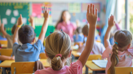 Children in classroom raising hands