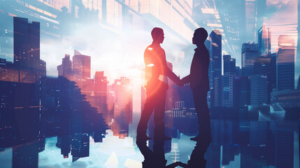 Business professionals talking in city with reflection effect