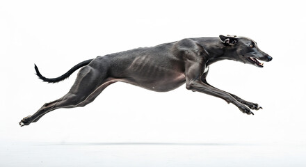 Anmutiger dunkler Windhund elegant im Sprung vor weissem Grund. Dynamische Hochgeschwindigkeitsaufnahme betont die Leichtigkeit.. AI Generated