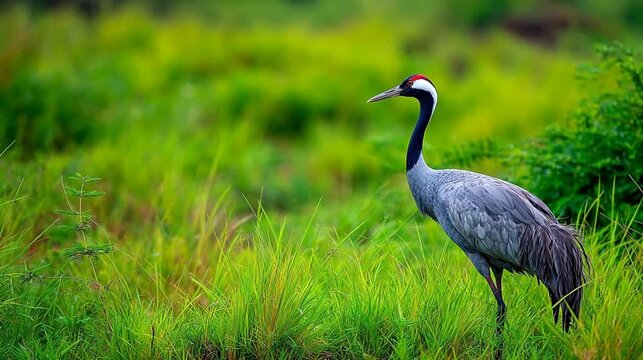 Gray crane standing in green grass