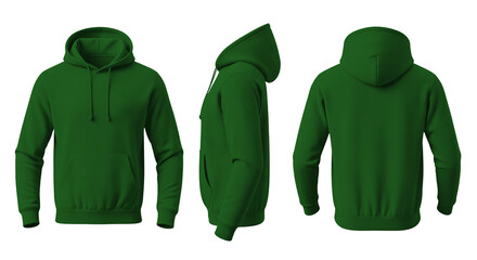 Blank Green Hoodie Mockup Front, Side, and Back Views on Transparent Background © Drip