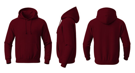 Blank Maroon Red Hoodie Mockup Front, Side, and Back Views on Transparent Background © Drip