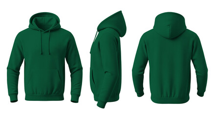 Blank Kelly Green Hoodie Mockup Front, Side, and Back Views on Transparent Background © Drip