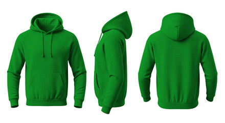 Blank Light Green Hoodie Mockup Front, Side, and Back Views on Transparent Background © Drip
