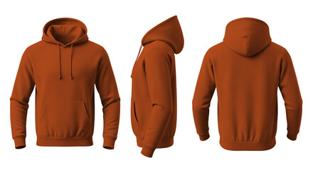 Blank Orange Hoodie Mockup Front, Side, and Back Views on Transparent Background © Drip