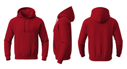 Blank Red Hoodie Mockup Front, Side, and Back Views on Transparent Background © Drip