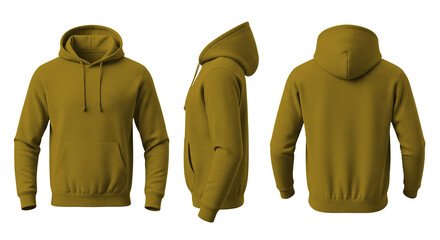 Blank Mustard Yellow Hoodie Mockup Front, Side, and Back Views on Transparent Background © Drip