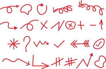 Hand-drawn red doodle elements collection for annotation and emphasis