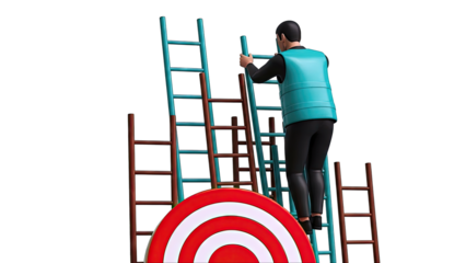 Man climbing ladder towards target, symbolizing achieving goals