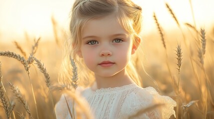 Adorable young girl with blonde hair and captivating blue eyes, standing peacefully amidst a golden wheat field, bathed in warm summer sunlight, evoking innocence and natural beauty