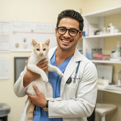 Veterinarian in clinic wearing glasses holding orange and white cat celebrating cat day with compassion wellness and animal care