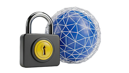 Padlock securing a geodesic sphere, representing data security
