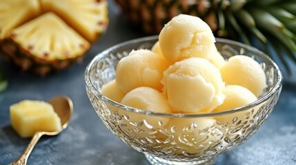 Deliciously refreshing pineapple sorbet served in a decorative glass bowl, perfect for a tropical treat