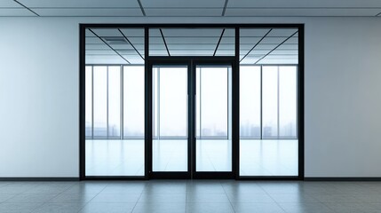 Sleek and minimalist modern office interior with large glass entrance doors and a bright, expansive window view, showcasing contemporary architecture and an open-plan feel