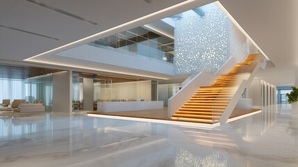 Modern office interior with sleek staircase and reception area