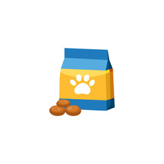 illustration of pet food packaging and kibble, likely for a dog or cat. 