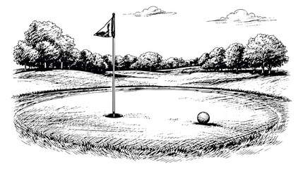 Hand drawn line art illustration of a golf course depicting a green with a flag and ball for sports and recreation